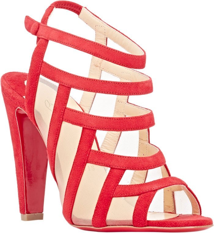 Rendered in vibrant red suede, the “Nicobar” sandal takes on a softer, more playful feel while maintaining its architectural cage structure