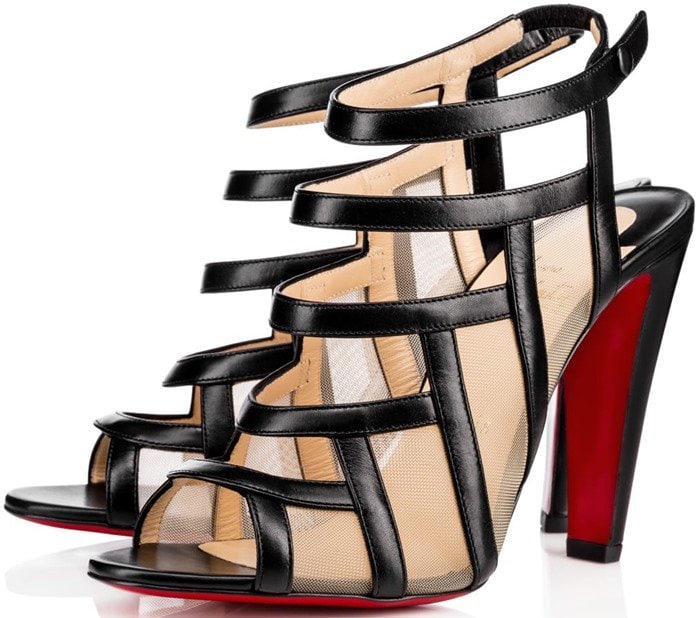 The black leather-and-mesh version of Christian Louboutin’s “Nicobar” sandals features a striking geometric cage design and a bold block heel