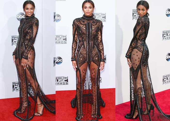 Ciara turned heads in a black beaded Reem Acra illusion gown that showcased intricate embellishments and strategically placed sheer panels on the AMAs red carpet