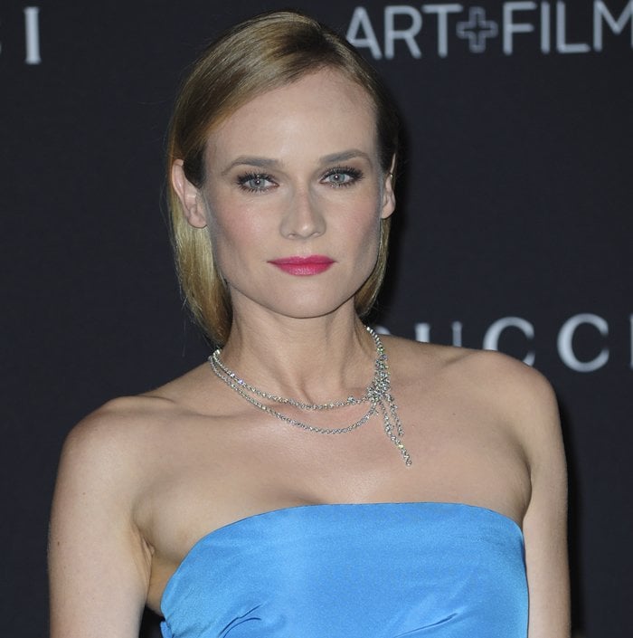 Diane Kruger’s polished beauty look is finished with Chanel Fine Jewelry’s ethereal “Ciel Etoilé” necklace, its diamond strands softly tracing her collarbone at the LACMA Art+Film Gala