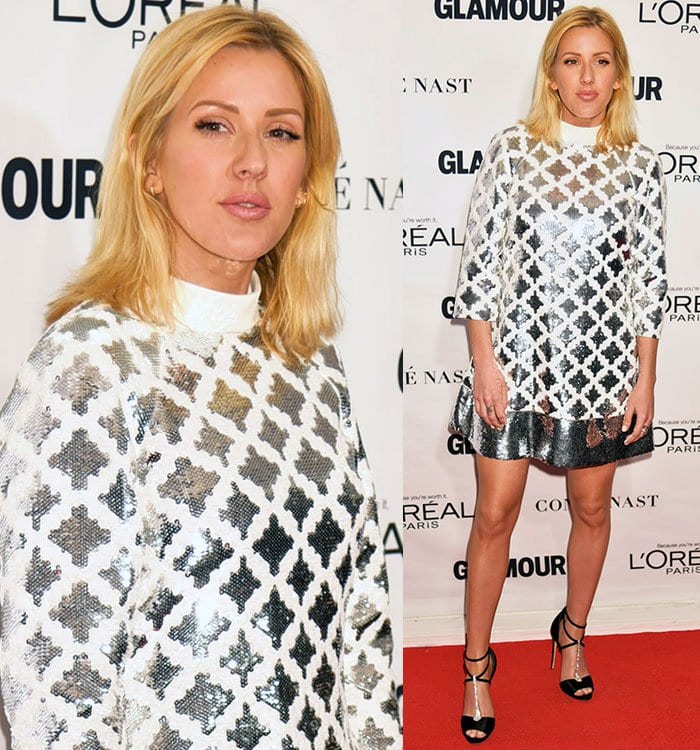 Ellie Goulding shows off the silver detailing on her Emanuel Ungaro dress