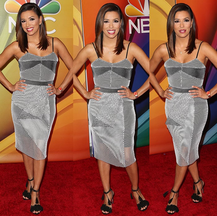 Eva Longoria stuns in a figure-hugging Cooper St mesh dress paired with black Aquazzura “Wild Thing” fringe sandals at NBC’s red carpet event