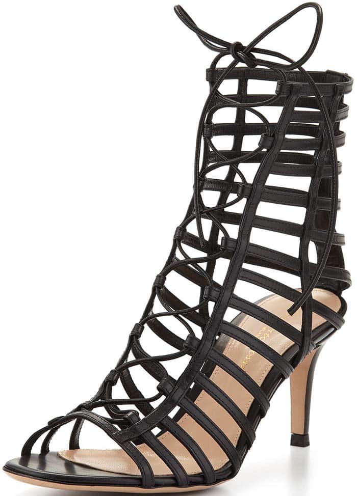 Gianvito Rossi Caged Leather Lace-Up Sandal in Black