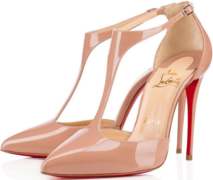 Rendered in glossy nude patent leather, the Christian Louboutin “J String” showcases the leg-lengthening effect that made the pointed-toe pump a favorite with stylists and celebrities alike