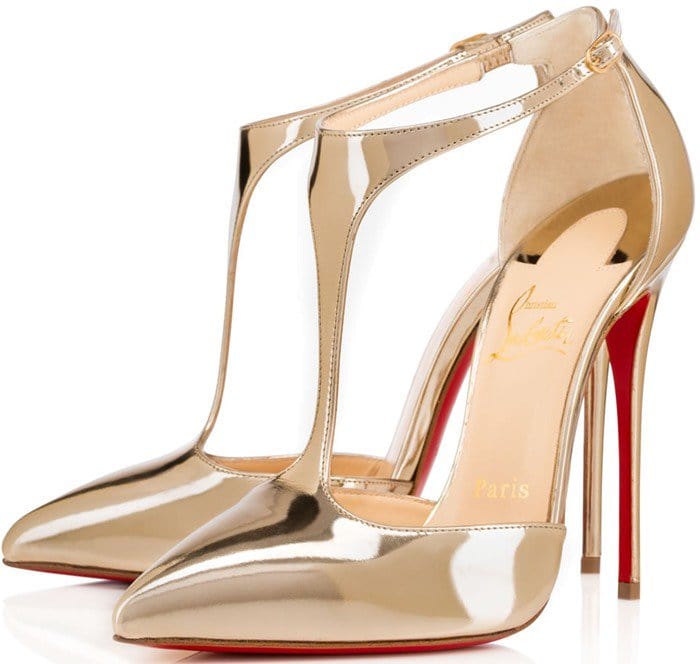 The Christian Louboutin “J String” in mirrored gold leather combines the shoe’s architectural T-strap construction with a high-shine finish designed for eveningwear and red-carpet glamour