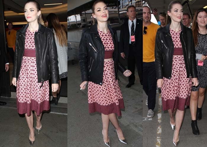 Jaime King pairs a printed burgundy Topshop two-piece dress with a sleek Calvin Klein leather jacket at LAX, finishing the look with pointed metallic pumps that added edge and polish to her travel style