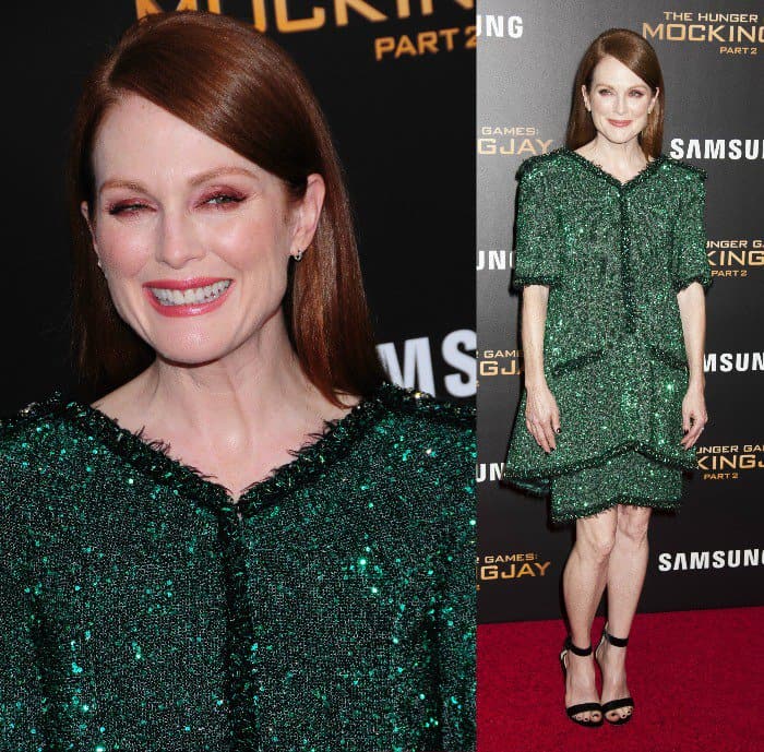 Julianne Moore dazzles in a shimmering emerald green dress at the 'Mockingjay Part 2' New York premiere