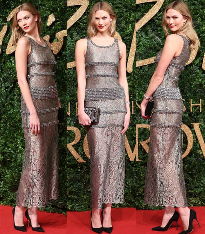 Karlie Kloss in black pumps styled with a metallic Chanel sleeveless dress