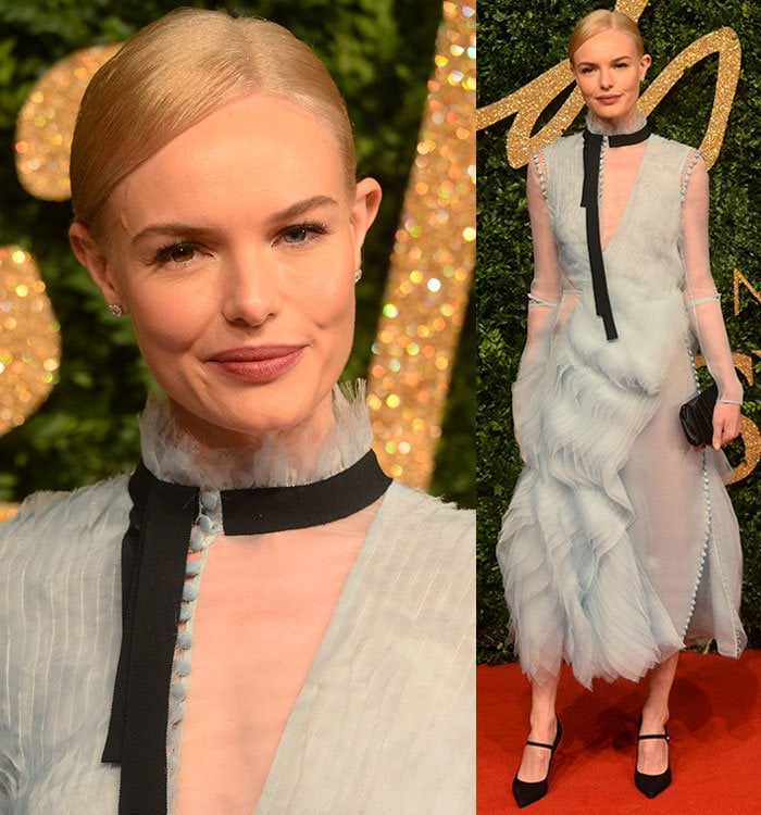 The contrast between the delicate blue Erdem dress and black accessories gives Bosworth’s British Fashion Awards look a distinctly modern edge