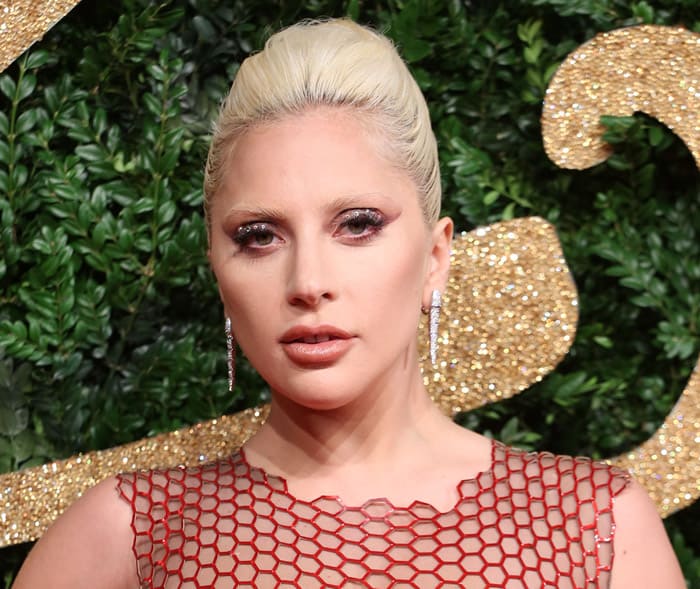 Lady Gaga exuded sophistication with her sleek platinum blonde updo and soft, neutral makeup, perfectly complementing her bold red ensemble at the 2015 British Fashion Awards