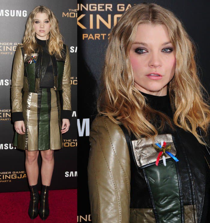 Natalie Dormer rocks an edgy green and black leather dress paired with ankle boots at the 'Mockingjay Part 2' New York premiere