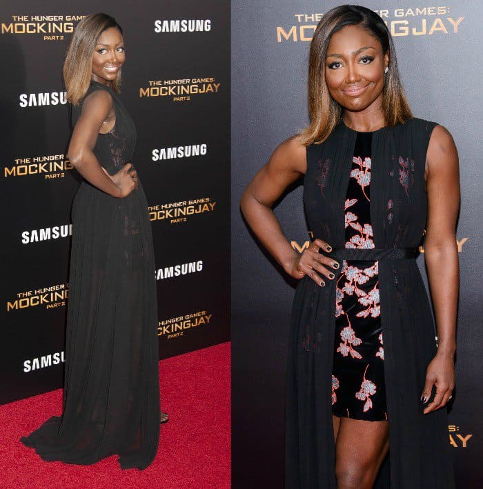 Patina Miller stuns in a floral-embroidered black gown with a sheer overlay at the 'Mockingjay Part 2' New York premiere