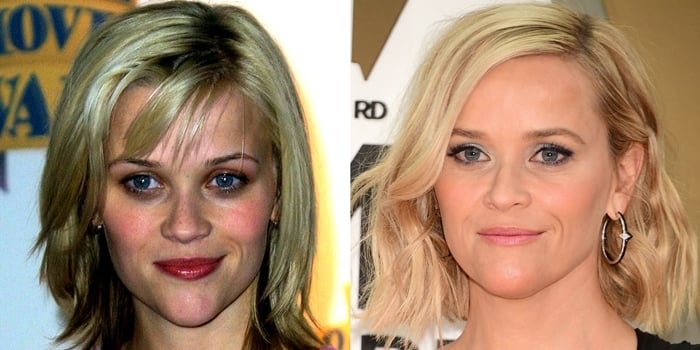 Reese Witherspoon photographed at the 2002 MTV Movie Awards (left) and the 2019 CMA Awards (right), illustrating how her look has evolved over nearly two decades through natural aging, styling, makeup, and red-carpet presentation