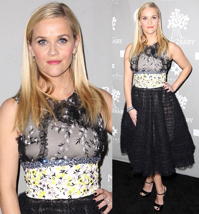The embroidered sheer bodice and crystal-accented waist of Reese Witherspoon’s Giambattista Valli gown balanced elegance with playful texture