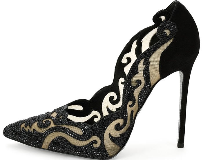 René Caovilla's suede-and-mesh pumps combined pointed toes, crystal embellishments, and swirling cutout panels, turning a classic stiletto into a statement evening shoe