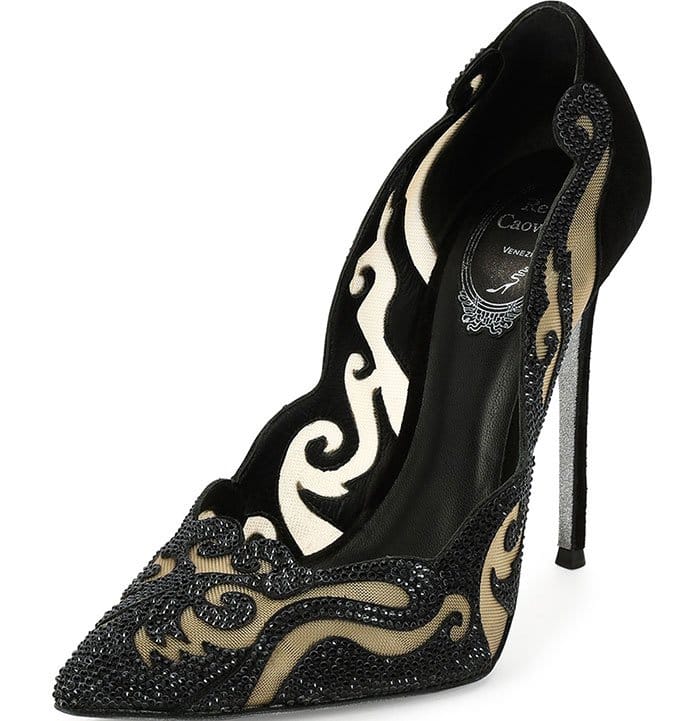 René Caovilla's suede-and-mesh pumps combined pointed toes, crystal embellishments, and swirling cutout panels, turning a classic stiletto into a statement evening shoe