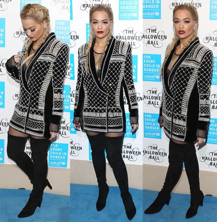 Rita Ora made a stunning appearance on the blue carpet at the UNICEF Halloween Ball in a Balmain x HM pearl embellished blazer