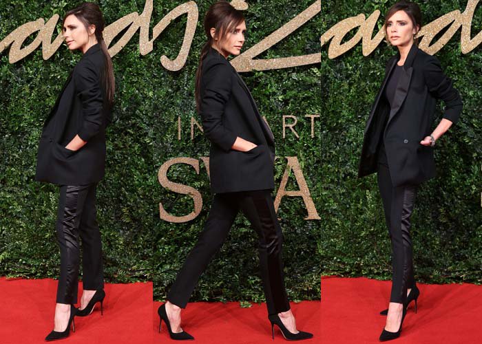 Victoria Beckham works sleek tuxedo-inspired separates with cropped satin trousers and black Manolo Blahnik BB pumps, turning menswear tailoring into a leg-lengthening red-carpet statement