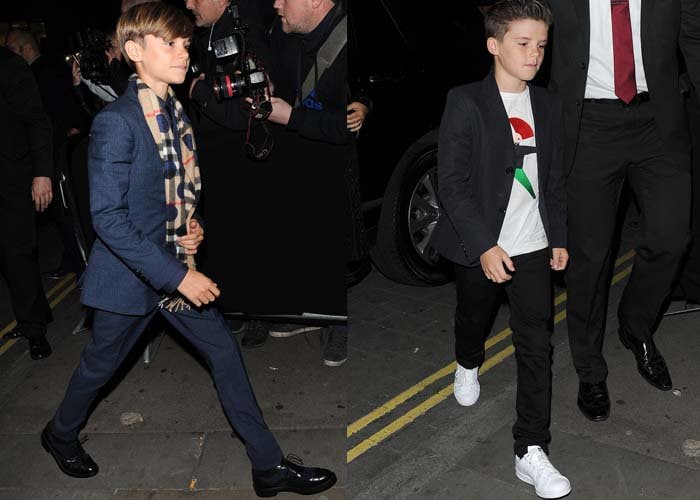 Romeo Beckham suits up with a signature Burberry check scarf while younger brother Cruz Beckham keeps things casual in monochrome separates and crisp white sneakers
