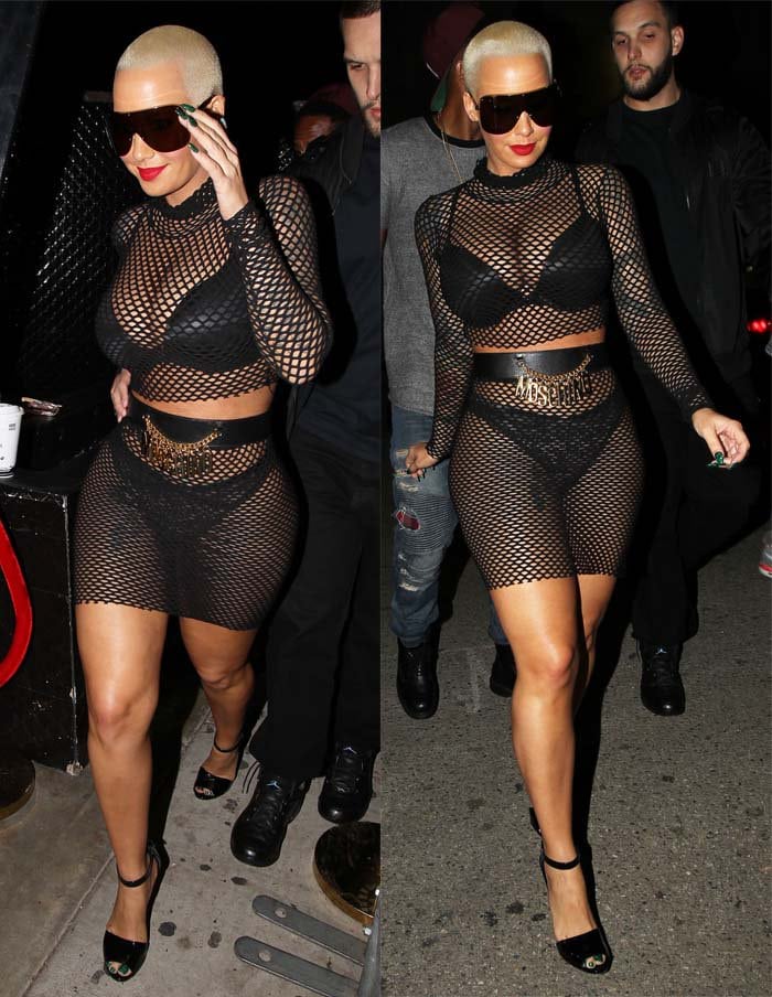 Amber Rose paired black ankle-strap platform sandals with a revealing fishnet ensemble for a night