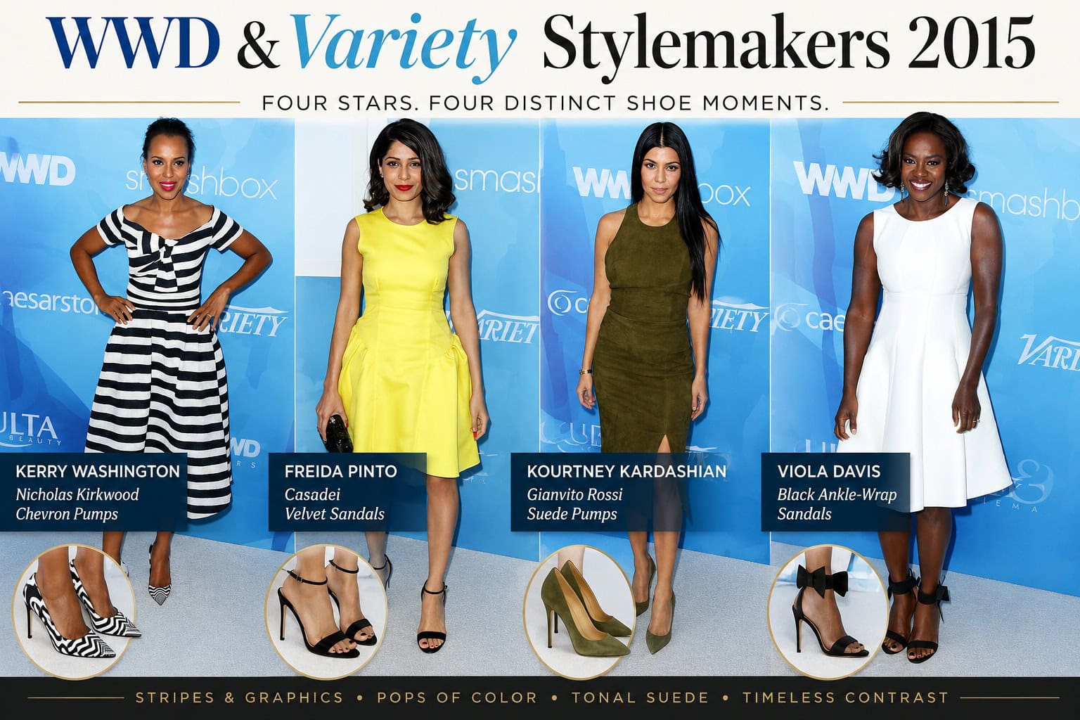 Infographic comparing 4 red-carpet footwear moments at WWD Variety Stylemakers 2015: Kerry Washington in Nicholas Kirkwood pumps, Freida Pinto in Casadei sandals, Kourtney Kardashian in Gianvito Rossi pumps, and Viola Davis in black ankle-wrap sandals