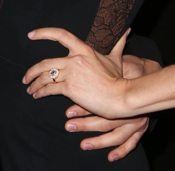 Alison Brie's vintage-inspired engagement ring, featuring a double round halo set in 18k rose gold