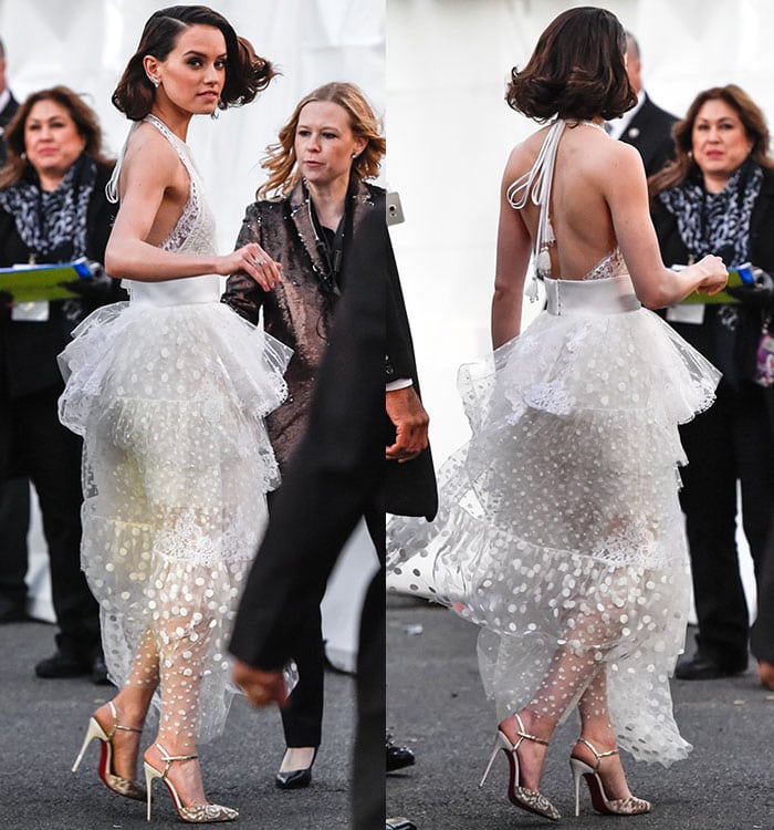 Daisy Ridley flaunts her sexy back and toned arms in a flattering white lace dress by Chloe