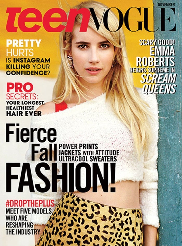 Emma Roberts embraces her love of leopard print on the November 2015 cover of Teen Vogue, pairing a fuzzy cropped sweater with a bold animal-print skirt while promoting her starring role in Scream Queens