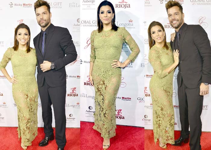 Eva Longoria stuns in a sheer pale green Maria Lucia Hohan lace gown styled with metallic Prada sandals, while longtime friend Ricky Martin complements her look in a sharp black suit at the Global Gift Foundation Dinner in Miami