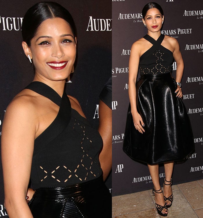 The geometric cutouts of Pinto’s black Cushnie Et Ochs top echo the intricate cage construction of her Charlotte Olympia heels