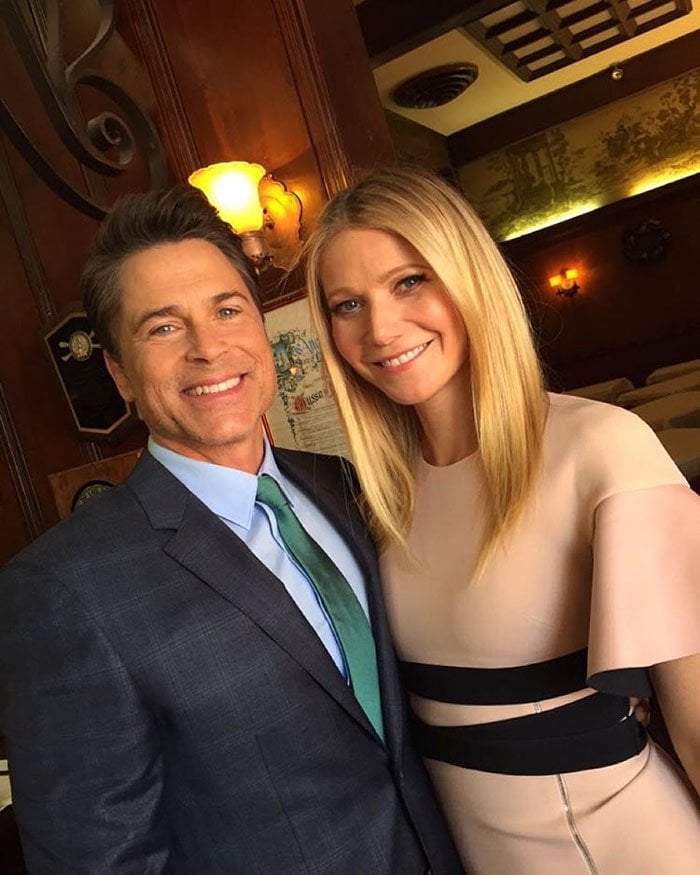 Rob Lowe and Gwyneth Paltrow, longtime friends, pose together during an appearance on Lowe's podcast, Literally! With Rob Lowe