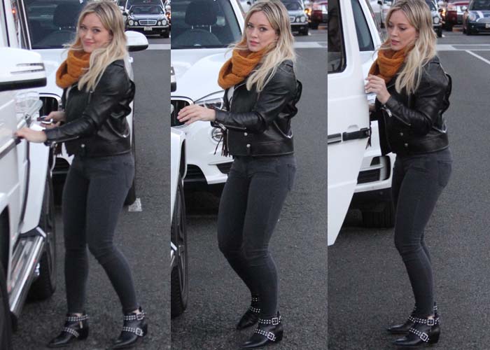 Hilary Duff wears a Saint Laurent jacket and Iro jeans while out shopping in Beverly Hills
