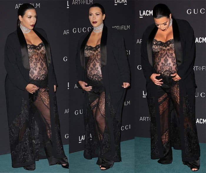Kim Kardashian turns heads at the LACMA Art + Film Gala in a sheer black lace ensemble layered over a bodysuit, making one of her boldest maternity fashion statements to date