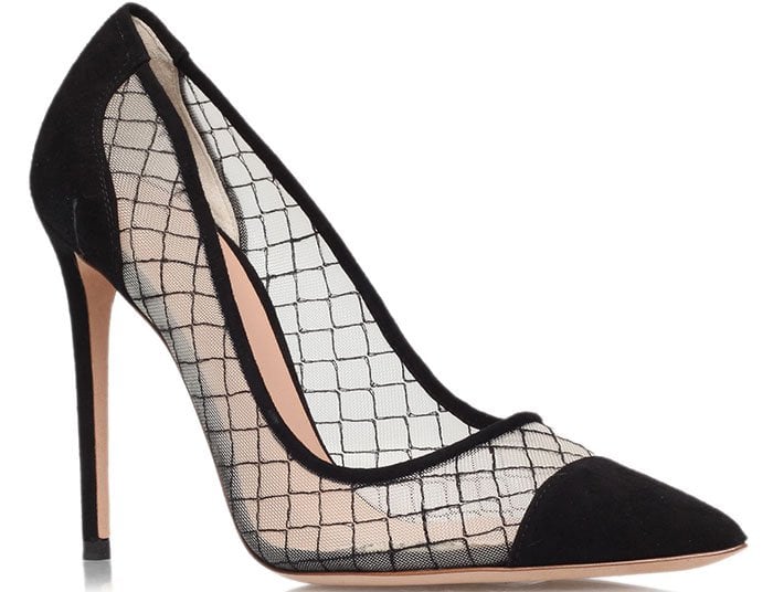 Kurt Geiger London's Sharkie pumps combine sheer mesh panels, suede cap toes, and slender stiletto heels for a modern take on the classic black pump