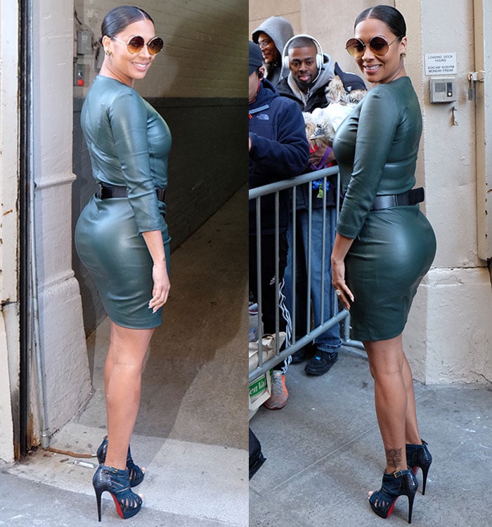 La La shows off the sculpted fit of her green leather mini and the striking silhouette of her cutout Louboutin booties while greeting fans outside the studio