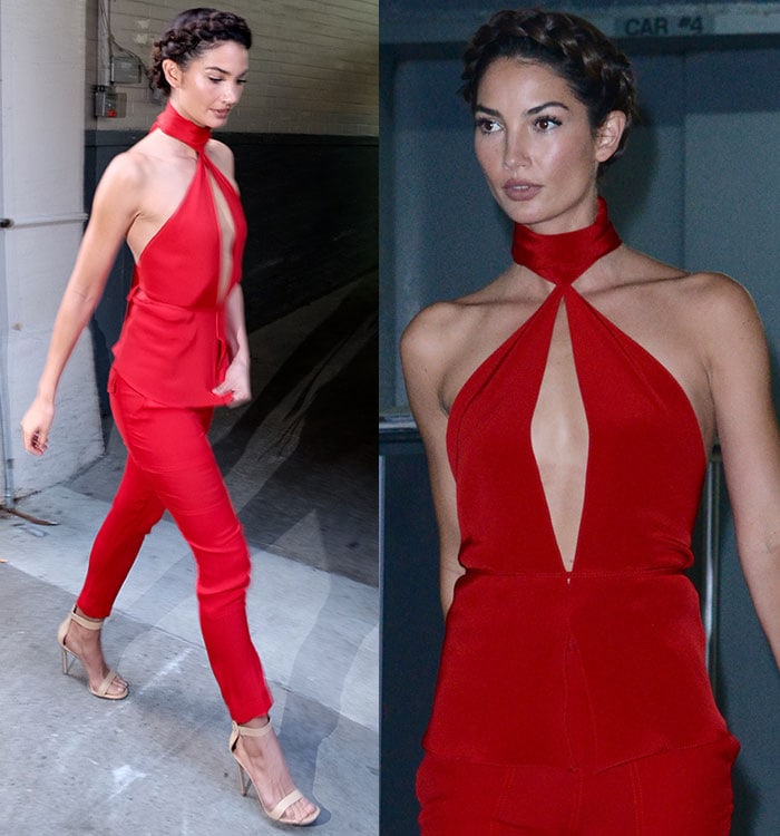 Lily Aldridge delivers a striking monochrome moment in a red Juan Carlos Obando halter set, elevated by nude Gianvito Rossi “Portofino” sandals that subtly elongate her frame