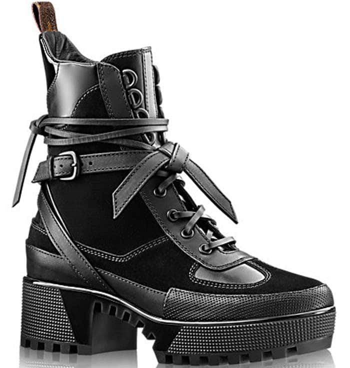 The Louis Vuitton “Palm Canyon Desert” boot is shown in detail, combining smooth leather and suede panels with wraparound straps, metal eyelets, and a heavy-duty platform sole