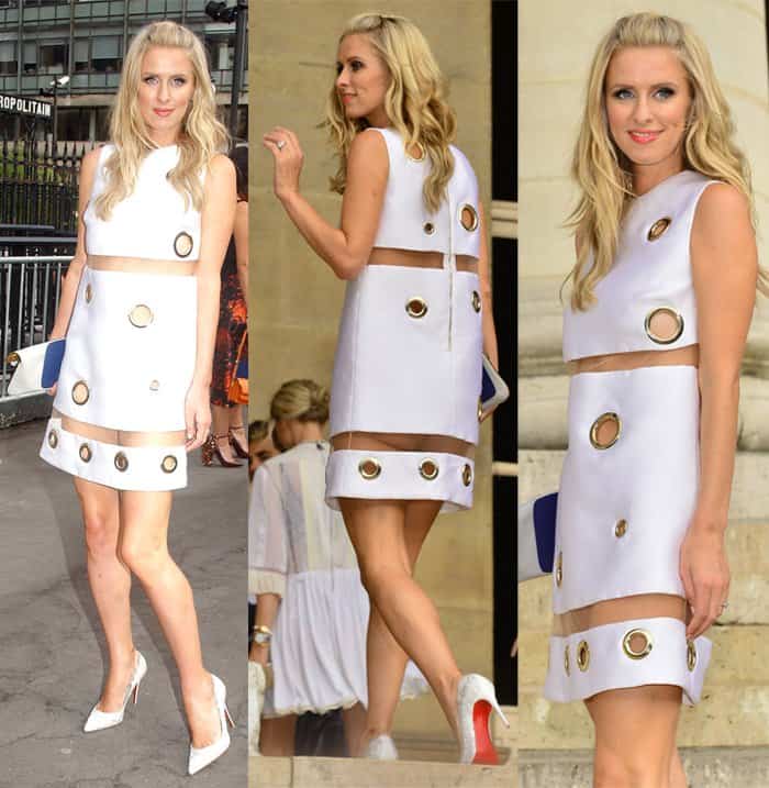 Nicky Hilton turns heads at Paris Fashion Week in a daring white Versace cut-out dress with metallic grommet accents, styled with classic white Christian Louboutin pumps for a bold yet chic statement