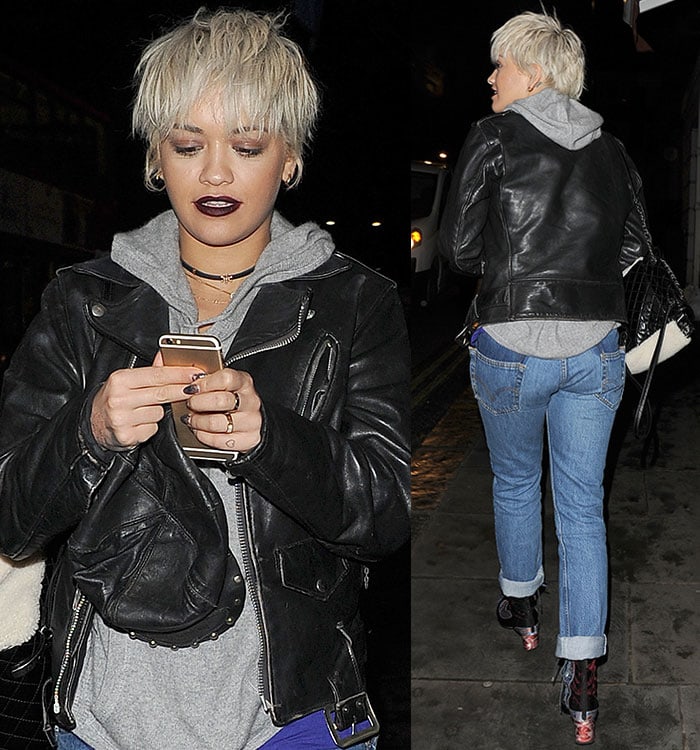 Rita Ora's relaxed yet edgy street style features cuffed boyfriend jeans and distinctive Dior floral jacquard boots, complementing her bold new hair