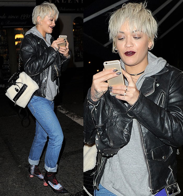 Rita Ora pairs her new platinum pixie cut with a sleek Acne Studios leather jacket and a Chanel backpack for a stylish tomboy-chic look in London