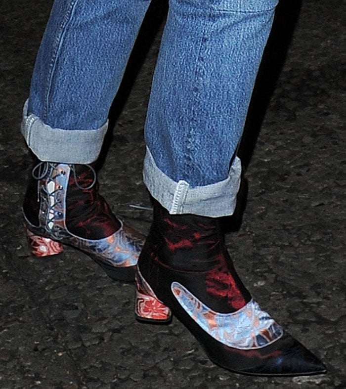 Rita Ora's bold fashion choice includes these eye-catching Dior Resort 2016 velvet booties with contrasting patterns and a subtle block heel