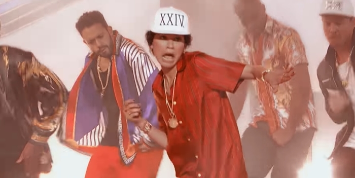Zendaya wears Bruno Mars' silk jammies to perform "24k Magic" on Lip Sync Battle