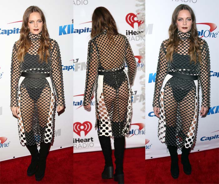 Tove Lo steps onto the red carpet in a black-and-white mesh dress by Lamija Suljevic, grounding the daring silhouette with chunky black over-the-knee boots