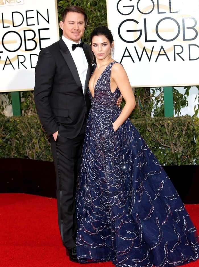 Jenna Dewan-Tatum dazzles in a deep royal blue Zuhair Murad Couture gown with intricate embellishments, standing alongside a dapper Channing Tatum at the 2016 Golden Globe Awards