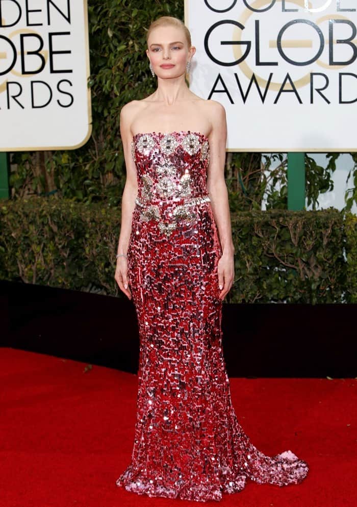 Kate Bosworth dazzles on the red carpet in a shimmering pink sequin Dolce Gabbana gown at the 2016 Golden Globe Awards