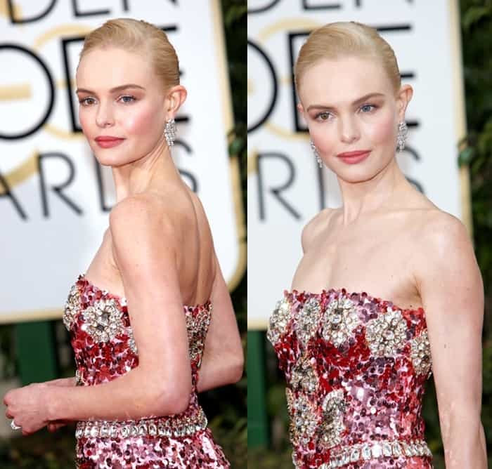 Kate Bosworth exudes elegance in a close-up of her dazzling Dolce Gabbana gown, featuring intricate sequin and jewel embellishments