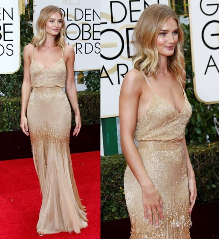 Rosie Huntington-Whiteley glows in a golden Atelier Versace gown with delicate beading, perfectly complementing her effortless waves at the 2016 Golden Globe Awards