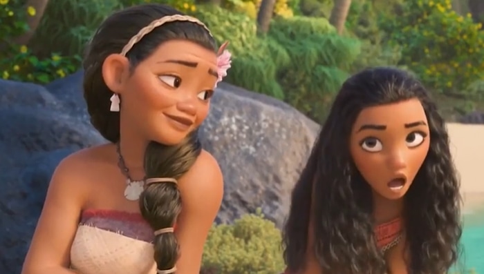 Auliʻi Cravalho as Moana shares a moment with Nicole Scherzinger’s Sina, her mother and village chieftainess, in Disney’s animated film Moana