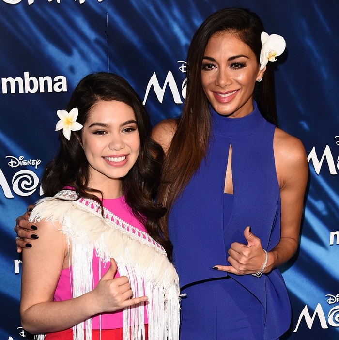 Auliʻi Cravalho, who voiced Moana, and Nicole Scherzinger, who voiced Sina, share a joyful moment at the Moana UK Gala screening in London