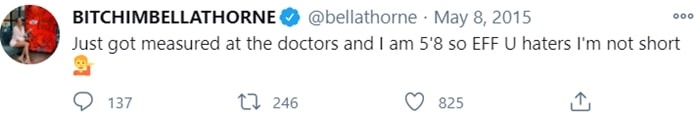 In this 2015 tweet, Bella Thorne shares that she was measured at the doctor's office and confirms her height as 5'8", addressing critics who previously called her short